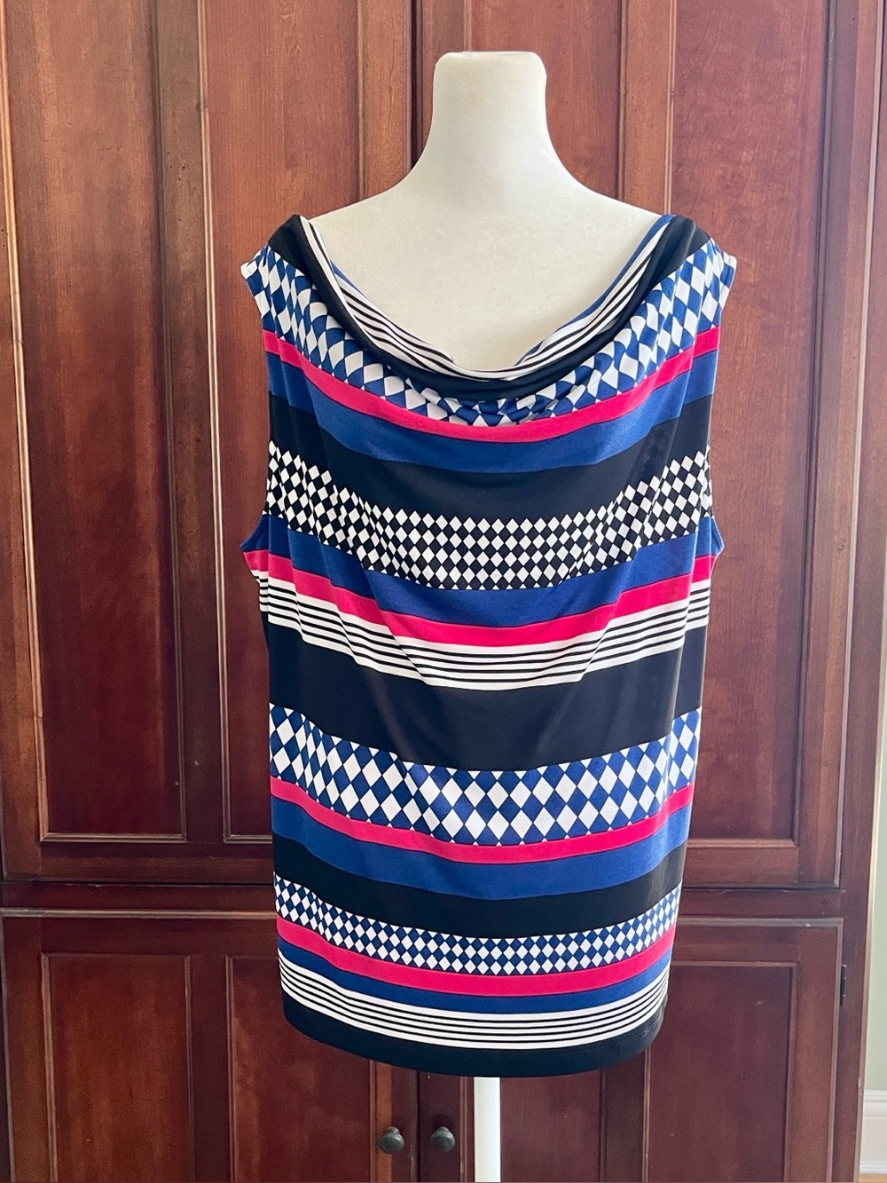 Tahari Arthur S. Levine Sleeveless Drape Neck Stripe Tank Top, Navy, Black & Red